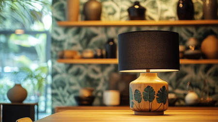 A stylish wooden lamp with a black shade sits elegantly on a light wood table. Behind it, lush greenery and tropical patterns create a vibrant, inviting ambiance in the room.の素材