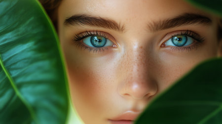 A young woman gazes directly at the camera with captivating blue eyes, surrounded by lush green leaves in a tranquil outdoor environment. Sunlight highlights her natural beauty.の素材