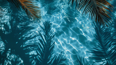 Sunlight dances on the surface of a swimming pool, creating shimmering reflections. Silhouettes of palm tree leaves frame the scene, enhancing the tropical atmosphere.の素材