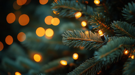 Close-up of pine branches adorned with bright lights. The soft glow creates a cozy atmosphere, evoking holiday spirit and joy during festive gatherings in the evening.の素材