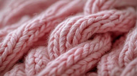 A close-up view reveals the soft, pink knitted fabric featuring twisted patterns. The craftsmanship highlights warmth and comfort, perfect for winter clothing or accessories.の素材