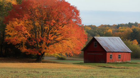 A striking autumn landscape showcases a red barn beside a vibrant maple tree with bright orange leaves. The golden grass and fall colors create a picturesque rural setting.の素材