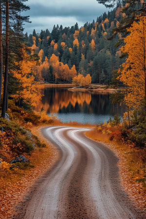 A curving dirt road leads alongside a serene lake reflecting colorful autumn trees.の素材