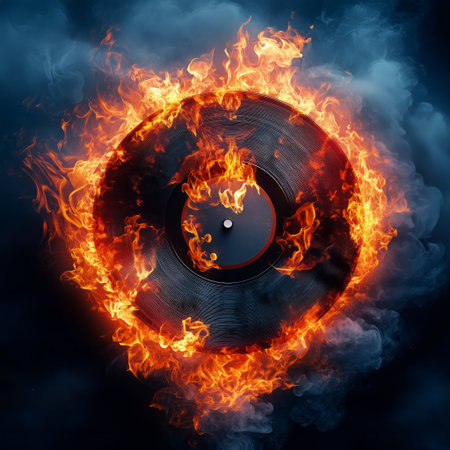A vinyl record is surrounded by vibrant flames, with billowing smoke providing an intense backdrop. The fiery scene evokes a strong energy, merging music and passion.の素材
