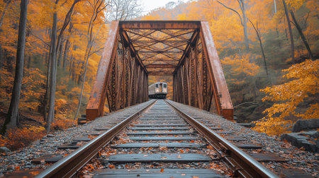 A vintage train traverses an iron bridge as vibrant autumn leaves cover the ground and trees, creating a serene atmosphere in a peaceful forested area.の素材