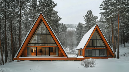 Two wooden triangular cabins sit side by side in a snowy forest, with tall trees surrounding them. Snow blankets the ground, creating a serene winter landscape.の素材