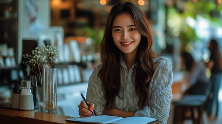 A woman with long hair smiles while jotting down notes in a notebook at a cafe. Natural light illuminates the warm, inviting environment filled with plants and patrons.の素材