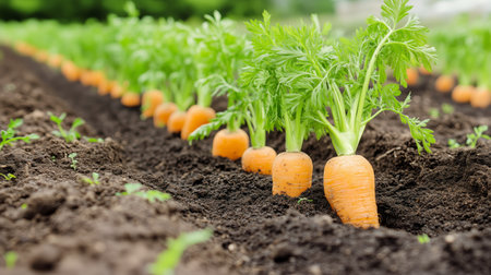 Rows of fresh carrots emerge from dark soil in a lush garden under bright sunlight. The greenery highlights above their healthy growth, showing agricultural abundance.の素材
