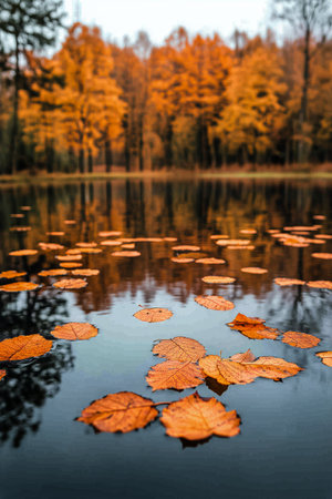 Golden and orange leaves drift on the calm surface of a lake, reflecting the vibrant autumn trees in the background. The scene captures the essence of falls beauty in nature.の素材