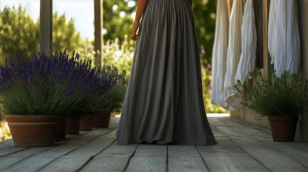 A woman wearing a long gray skirt stands on a wooden porch surrounded by lavender plants, gazing at the lush landscape and distant mountains during daylight.の素材
