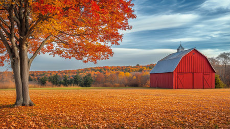 A red barn stands next to a large orange tree in a picturesque rural area, surrounded by colorful autumn foliage and a cloudy sky during the late afternoon.の素材