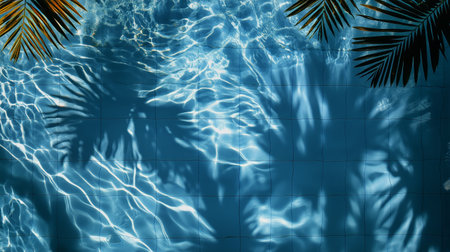 Bright sunlight illuminates the tranquil water surface, creating shimmering reflections alongside shadow patterns from palm fronds. The scene invites relaxation and leisure.の素材