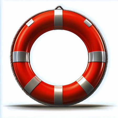 A vibrant red life preserver with white stripes rests on a surface, symbolizing safety and preparedness for aquatic emergencies near water.の素材