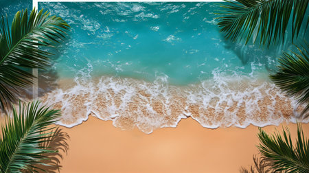 Golden sand stretches along the shore as turquoise waves gently lap at the beach, surrounded by lush green palm leaves. Bright sunlight enhances the tranquil atmosphere.の素材