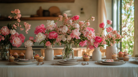 A beautifully arranged dessert table features an array of cupcakes, pastries, and stunning peony bouquets. This vibrant display is perfect for a spring celebration.の素材