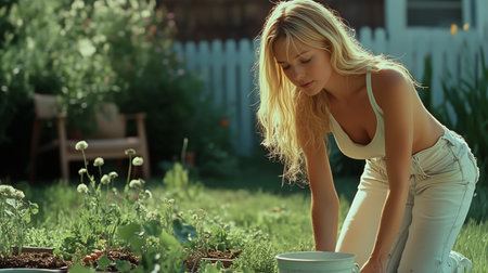 A woman is kneeling in her backyard garden, focused on nurturing her plants. The bright sunlight highlights the greenery around her, creating a serene atmosphere.の素材
