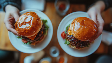 Two hands hold plates with juicy burgers topped with lettuce, cheese, and tomatoes, accompanied by crispy fries. A warm dining atmosphere enriches the experience.の素材