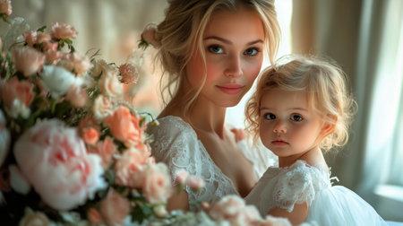 A young mother holds her daughter while standing amidst beautiful flowers. The soft light from windows enhances their joyful expressions in a serene indoor atmosphere.の素材