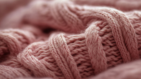 A close-up view reveals the soft, pink knitted fabric featuring twisted patterns. The craftsmanship highlights warmth and comfort, perfect for winter clothing or accessories.の素材