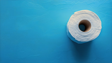 A white roll of toilet paper rests on a smooth blue surface, showing its texture and providing a clean, minimalistic look suitable for various settings.の素材