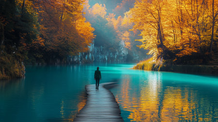 A person strolls on a wooden walkway beside a clear blue river surrounded by trees in vivid autumn colors. The peaceful environment invites exploration and reflection.の素材