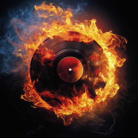 A vinyl record is surrounded by vibrant flames, with billowing smoke providing an intense backdrop. The fiery scene evokes a strong energy, merging music and passion.の素材