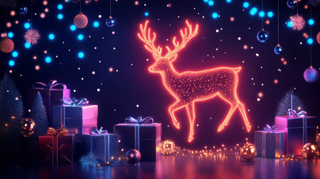 A vibrant neon reindeer stands out against a backdrop of twinkling lights and ornaments, surrounded by beautifully wrapped gifts. This festive setup embodies the holiday spirit.の素材