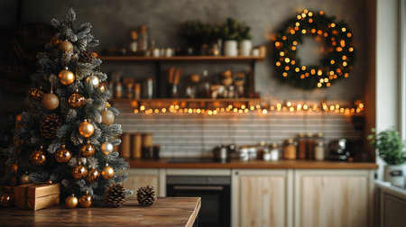A beautifully decorated kitchen features a Christmas tree adorned with lights and ornaments. Warm lighting enhances the festive atmosphere, creating a cozy holiday setting.の素材