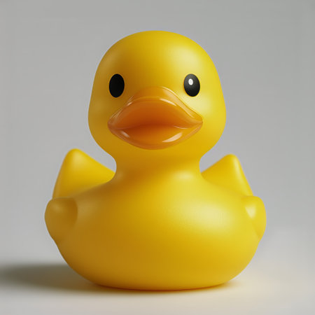 A cheerful rubber duck toy sits on a neutral background, showing its vibrant yellow color and glossy finish. Ideal for bath time fun or as a playful decor piece.の素材
