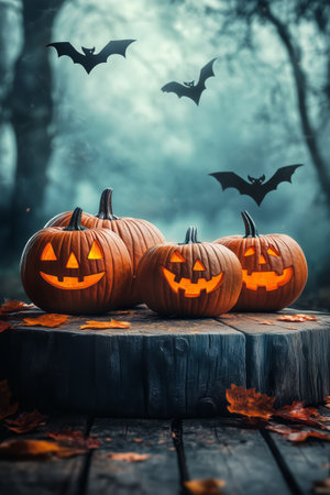 Three carved pumpkins with cheerful faces sit on a wooden stump in a misty forest. Bats fly overhead as fall leaves scatter on the ground, creating a spooky yet festive atmosphere.の素材