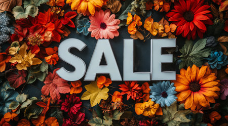Bright flowers and leaves create an autumn backdrop for a bold sale sign, emphasizing seasonal discounts and vibrant colors for shoppers.の素材