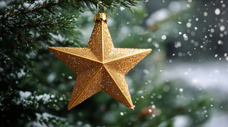 A glittering gold star ornament is suspended from a snow-covered evergreen tree branch as gentle snowflakes fall, creating a festive winter atmosphere in the outdoors.の素材