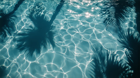 Sunlight dances on the surface of clear blue water, surrounded by palm leaves. The serene atmosphere captures the beauty of a tropical retreat during the day.の素材