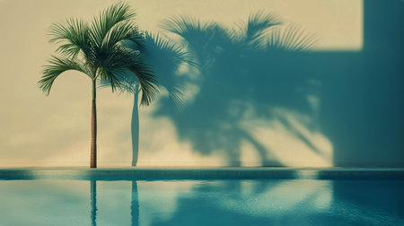 A tall palm tree stands beside a shimmering pool, with its shadow gently stretching across the water under the warm afternoon sun. The setting evokes a peaceful atmosphere.の素材