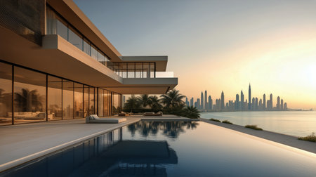Luxurious villa features an infinity pool with stunning views of Dubais skyline at sunset, surrounded by palm trees and contemporary design elements.の素材