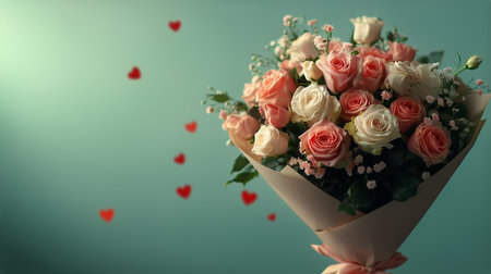 A vibrant bouquet filled with pink and white roses is elegantly arranged with hearts floating in the background, ideal for anniversaries or romantic gestures.の素材