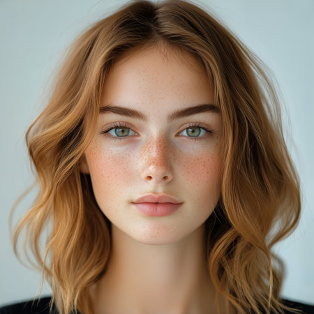 A young woman with light brown hair and freckles gazes directly at the viewer with captivating hazel eyes. Soft lighting enhances her natural beauty in a serene atmosphere.の素材