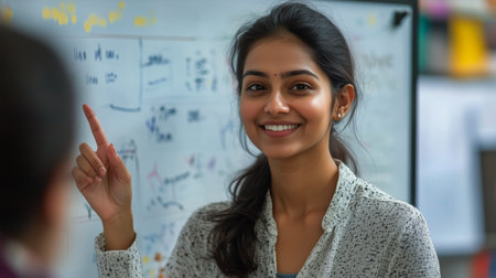 A confident woman shares her insights with colleagues in a vibrant office environment, surrounded by charts and diagrams. Her enthusiastic expression fosters collaboration.の素材