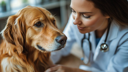 A veterinarian gently examines a golden retriever in a well-lit clinic. The dog appears relaxed as the vet checks its health and well-being during a routine appointment.の素材