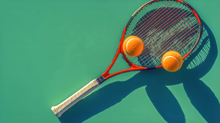 A tennis racket rests on a green court surface next to a bright yellow ball. The scene captures the essence of a sunny day perfect for outdoor sports.の素材