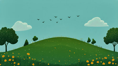 Vibrant rolling hills feature colorful flowers and green grass under a bright blue sky. Birds soar above, creating a peaceful atmosphere in this tranquil natural setting.の素材
