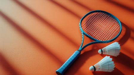A badminton racket lies on an orange surface alongside two shuttlecocks. The afternoon light creates shadows, enhancing the vibrancy of the scene and highlighting the equipment.の素材
