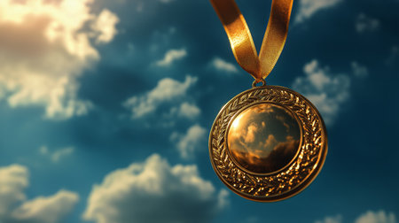 A golden medal with intricate designs hangs from a ribbon against a backdrop of fluffy clouds. The late afternoon light enhances the shiny surface, representing triumph and honor.の素材