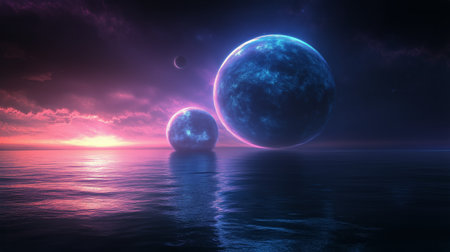 Two vibrant celestial bodies hover over a calm water surface, their colors illuminating the night sky filled with stars and distant clouds during twilight.の素材