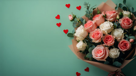 A beautifully arranged bouquet featuring pink and white roses surrounded by small green buds rests on a teal surface, with red heart decorations scattered nearby.の素材