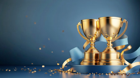 Two glaming golden trophies sit on a smooth blue surface, surrounded by decorative ribbons and scattered confetti. The display symbolizes achievement and victory.の素材