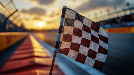 A checkered flag stands prominently at the edge of a racetrack with a vibrant sunset illuminating the sky. The atmosphere captures the excitement of motorsport racing.の素材