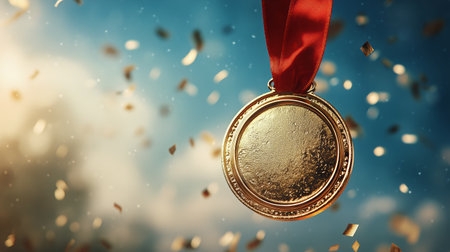 A shining gold medal hangs in the air, adorned with a red ribbon, as colorful confetti falls around it in a bright outdoor location during a festive celebration.の素材