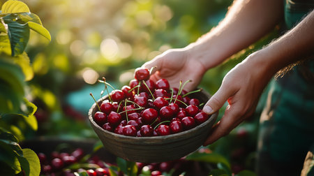 A person gathers ripe cherries in a bowl while surrounded by lush green trees in an orchard. Warm sunlight enhances the bright red color of the cherries during a summer afternoon.の素材