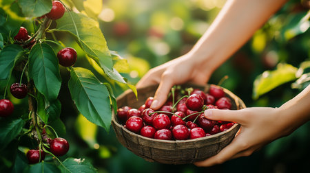 A person gathers ripe cherries in a bowl while surrounded by lush green trees in an orchard. Warm sunlight enhances the bright red color of the cherries during a summer afternoon.の素材